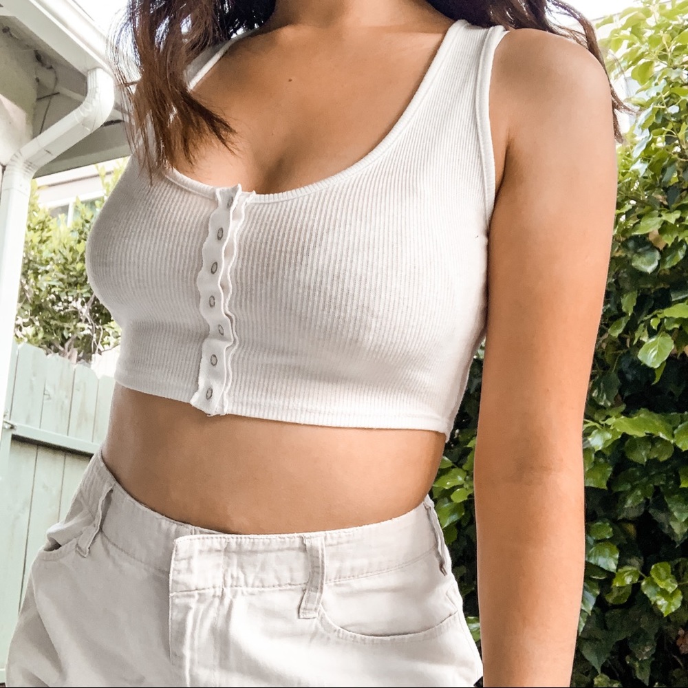 White Cropped Button Up Tank Top